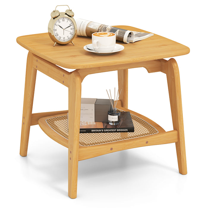 Bamboo Sofa Side Table with Faux Rattan Storage Shelf-