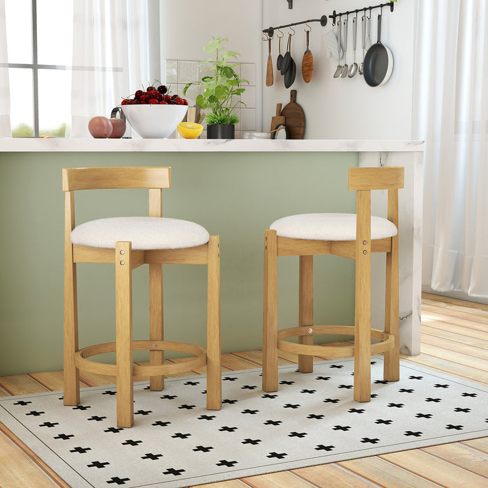 62CM Teddy Velvet Upholstered Bar Chairs Set of 2 with Backrests and Footrests-White