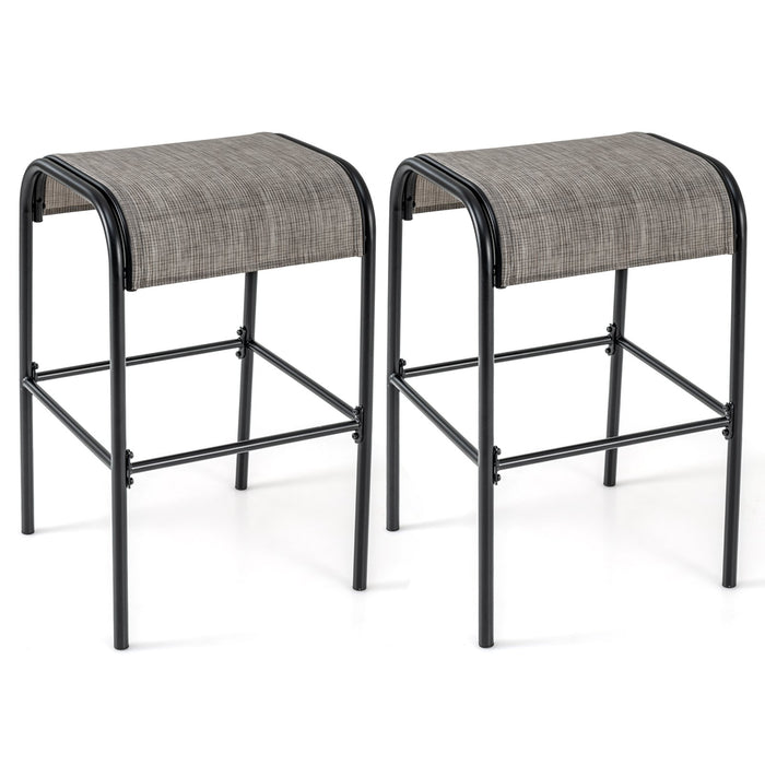Metal Bar Height Bistro Stools Set of 2  with Curved Fabric Seat for Backyard Porch Poolside-