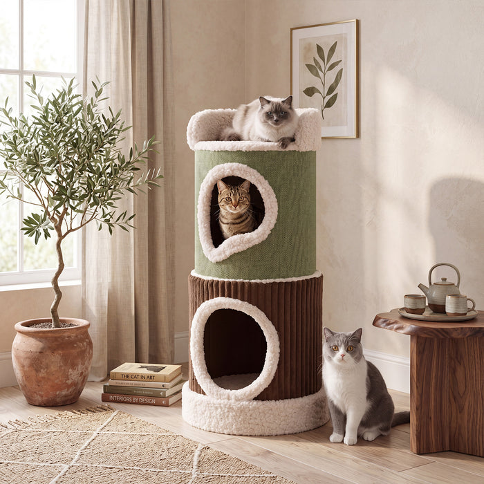 Barrel Cat House with Top Perch & Double Condos and Comfy Mats for Indoor-