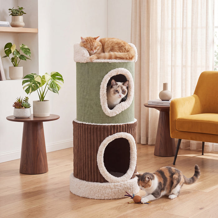Barrel Cat House with Top Perch & Double Condos and Comfy Mats for Indoor-