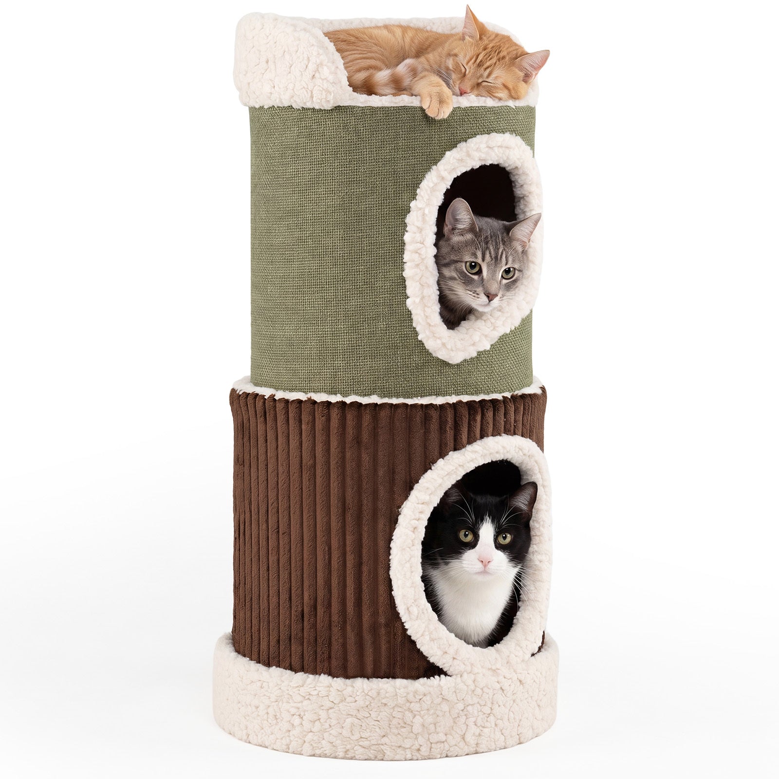 Barrel Cat House with Top Perch & Double Condos and Comfy Mats for Indoor-