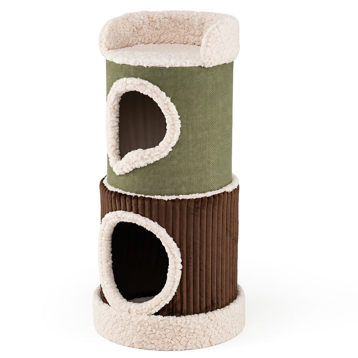 Barrel Cat House with Top Perch & Double Condos and Comfy Mats for Indoor-