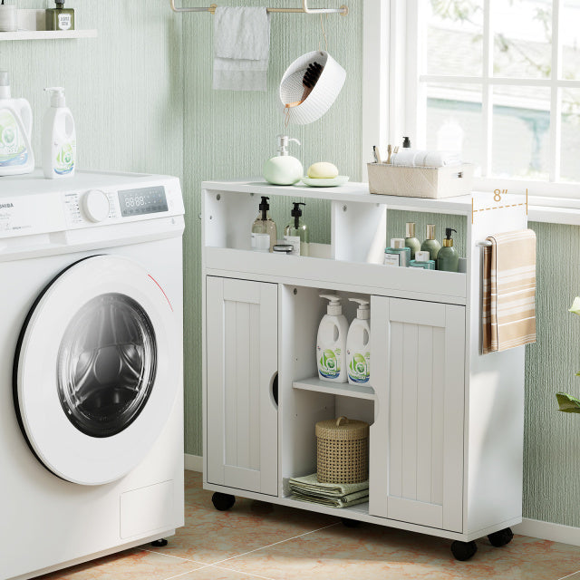Bathroom Cabinet with Wheels Slim Side Storage Organizer with Adjustable Shelf and Towel Racks-