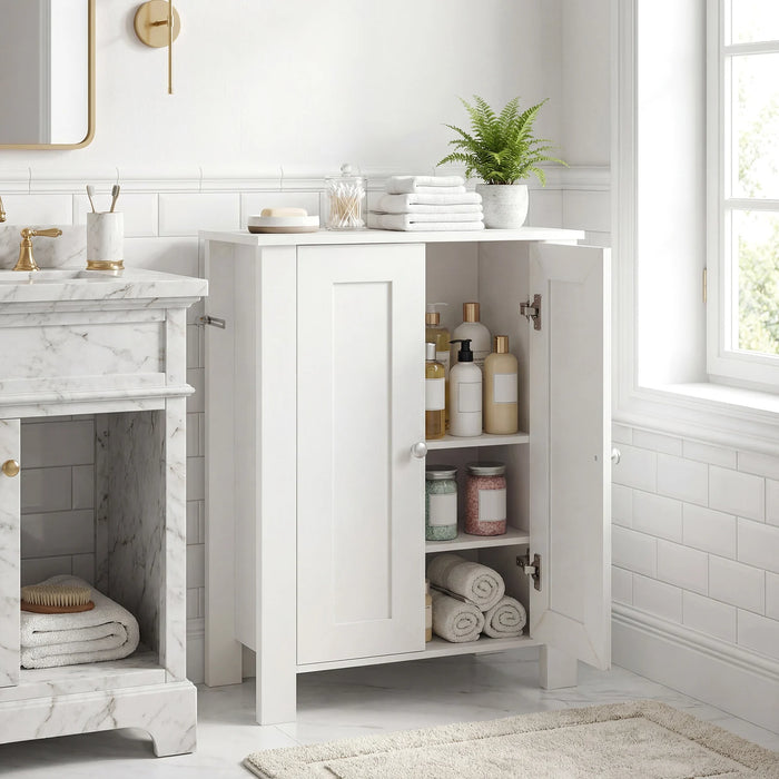 Bathroom Floor Cabinet with Double Doors Freestanding Wooden Storage-White