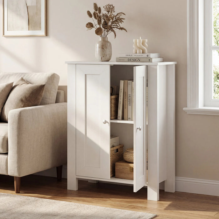 Bathroom Floor Cabinet with Double Doors Freestanding Wooden Storage-White
