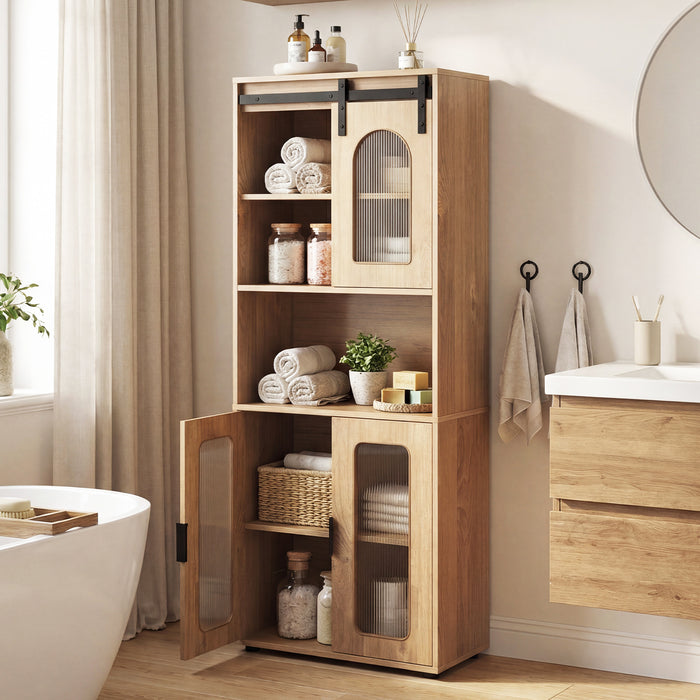 Bathroom Floor Cabinet with Shelves and Sliding Barn Door-