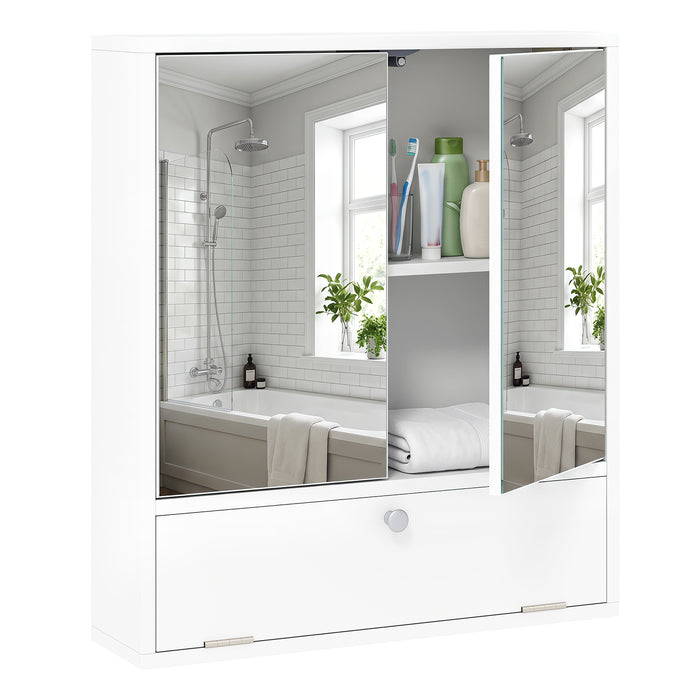 Bathroom Wall Cabinet with 2 Mirrored Doors & Flip-Down Door for Storage-White