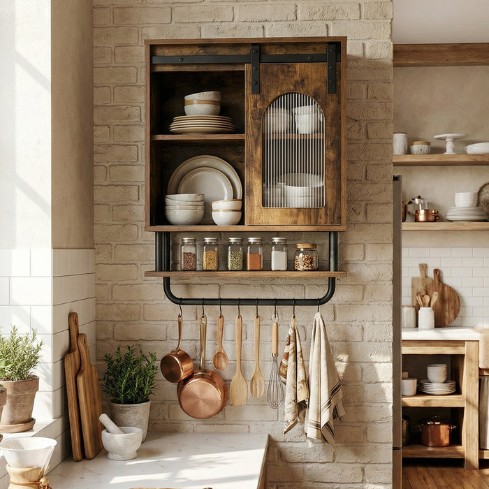 Bathroom Wall Cabinet with Sliding Barn Door and Metal Hanging Bar-