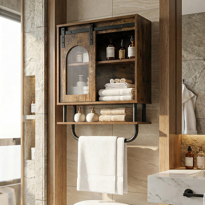 Bathroom Wall Cabinet with Sliding Barn Door and Metal Hanging Bar-