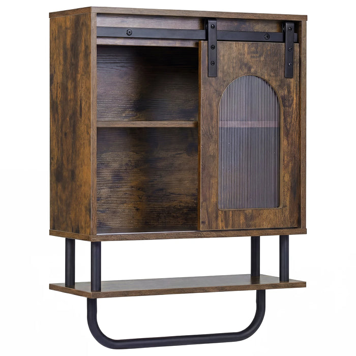 Bathroom Wall Cabinet with Sliding Barn Door and Metal Hanging Bar-
