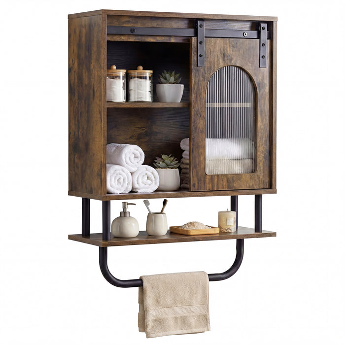 Bathroom Wall Cabinet with Sliding Barn Door and Metal Hanging Bar-