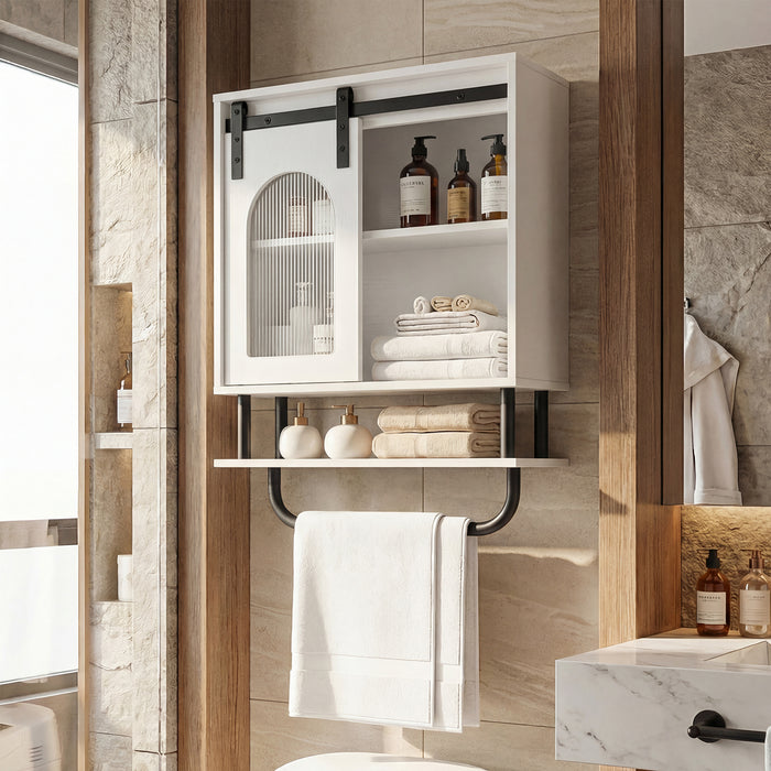 Bathroom Wall Cabinet with Sliding Barn Door and Metal Hanging Bar-