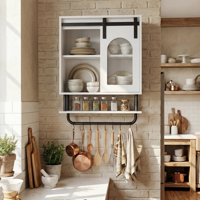 Bathroom Wall Cabinet with Sliding Barn Door and Metal Hanging Bar-