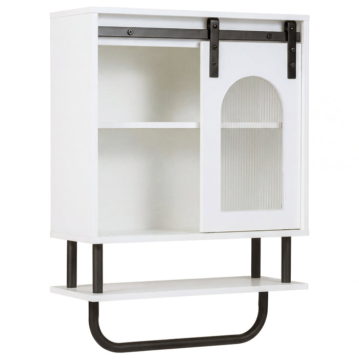 Bathroom Wall Cabinet with Sliding Barn Door and Metal Hanging Bar-