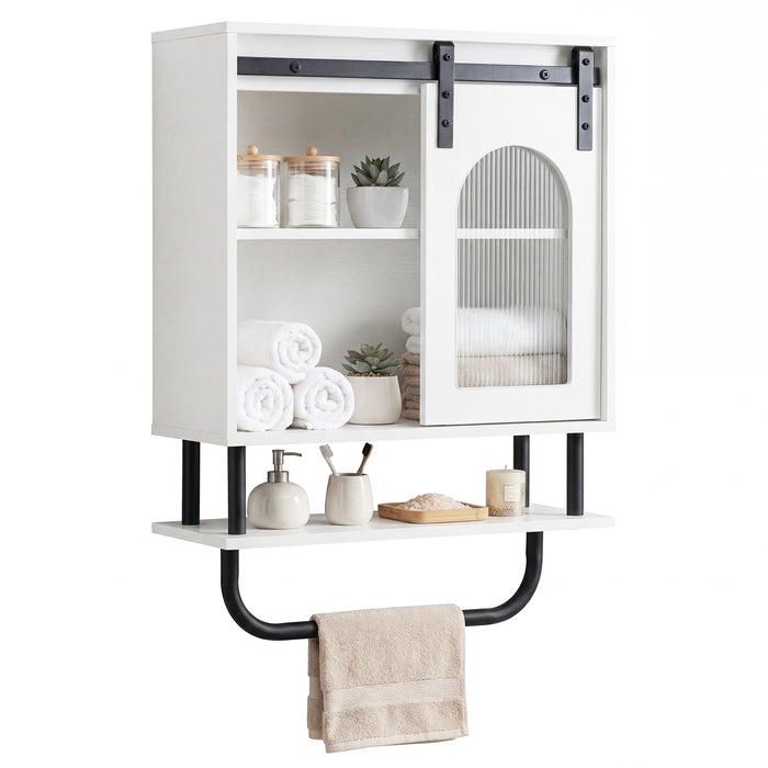 Bathroom Wall Cabinet with Sliding Barn Door and Metal Hanging Bar-