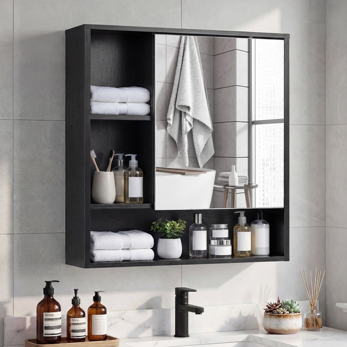 Bathroom Wall Mirror Cabinet with Single Door and 3 Open Shelves-
