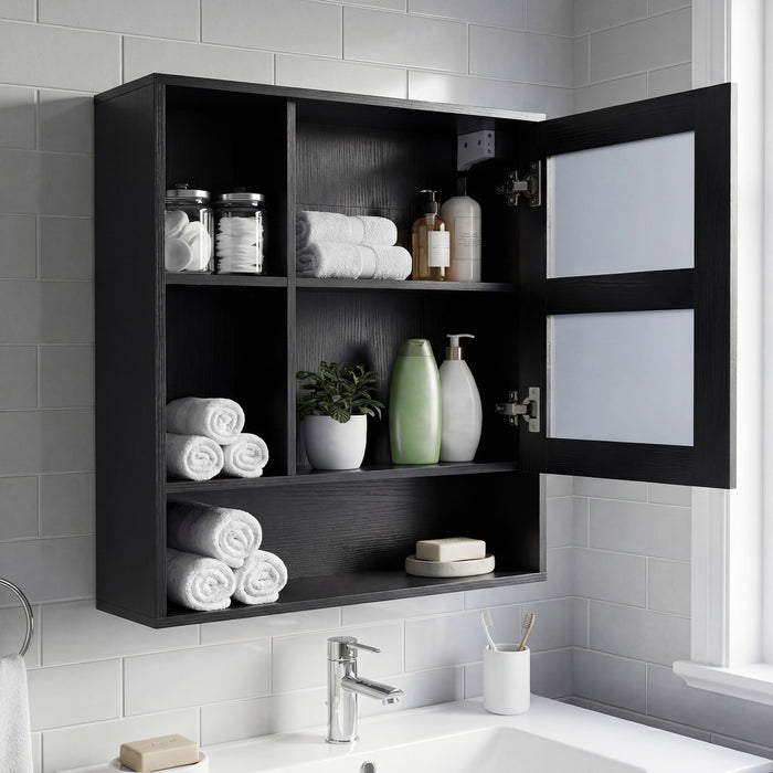 Bathroom Wall Mirror Cabinet with Single Door and 3 Open Shelves-