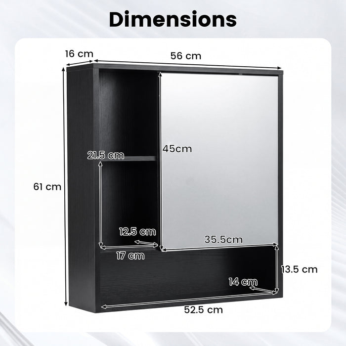 Bathroom Wall Mirror Cabinet with Single Door and 3 Open Shelves-