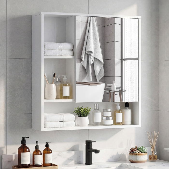 Bathroom Wall Mirror Cabinet with Single Door and 3 Open Shelves-
