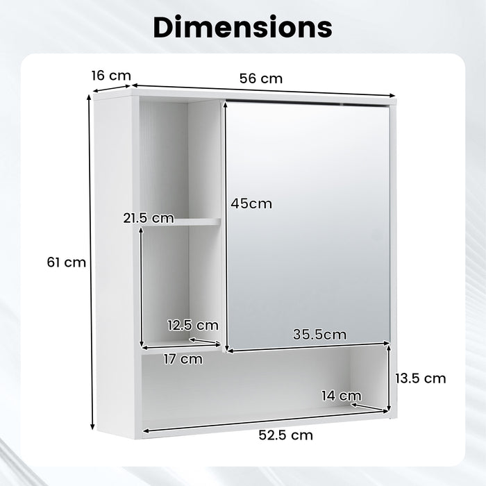 Bathroom Wall Mirror Cabinet with Single Door and 3 Open Shelves-