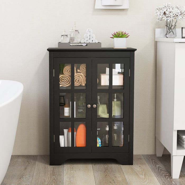 Bathroom Floor Cabinet with 2 Glass Doors and Adjustable Shelves-White