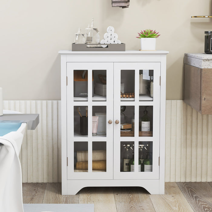 Bathroom Floor Cabinet with 2 Glass Doors and Adjustable Shelves-White