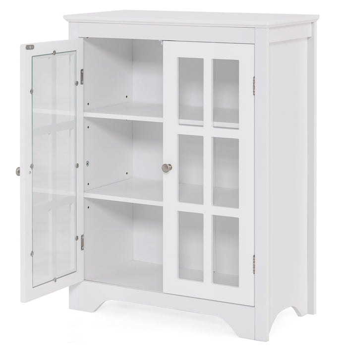 Bathroom Floor Cabinet with 2 Glass Doors and Adjustable Shelves-White