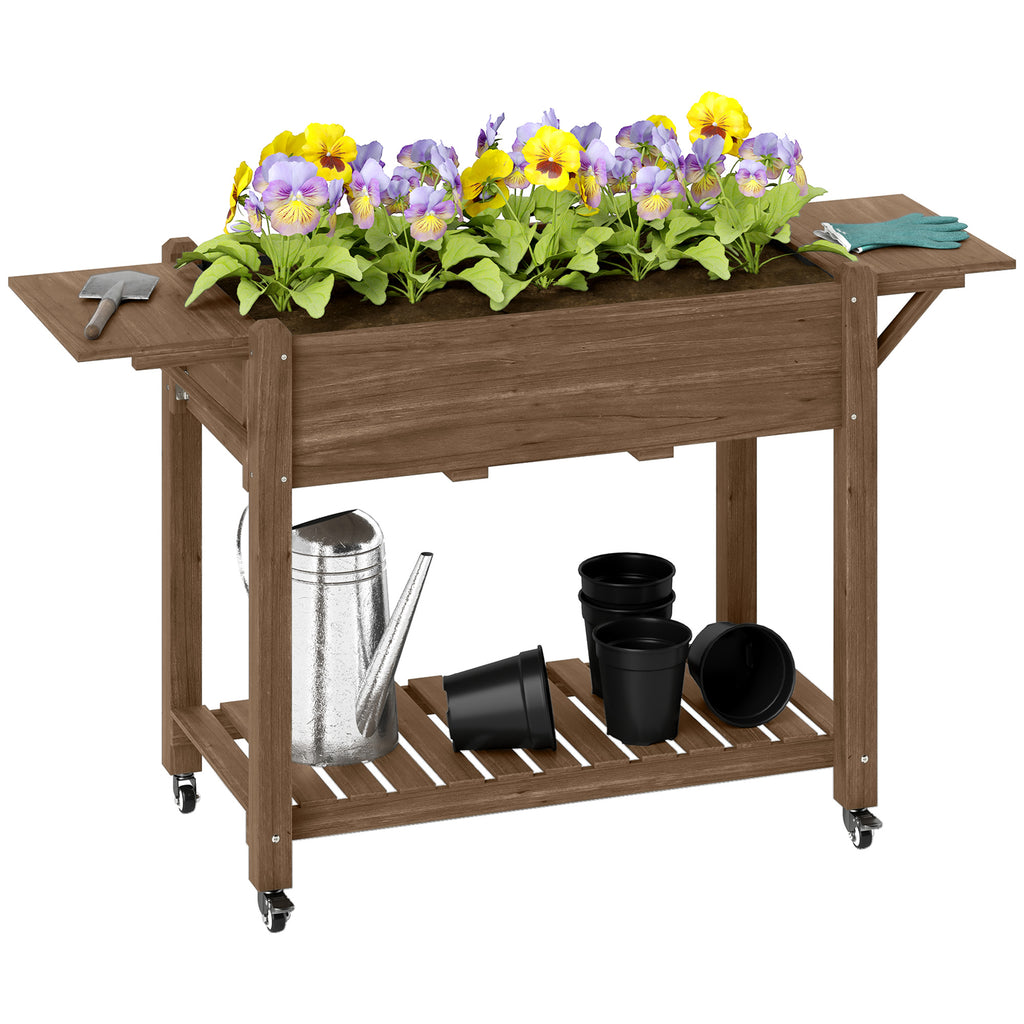 Outsunny Raised Garden Bed, Wooden Elevated Planter Box with Lockable Wheels, Side Tables and Bottom Shelf, Outdoor Planter with Liner and Drainage Holes for Vegetables, Flowers, Fruits, Carbonised