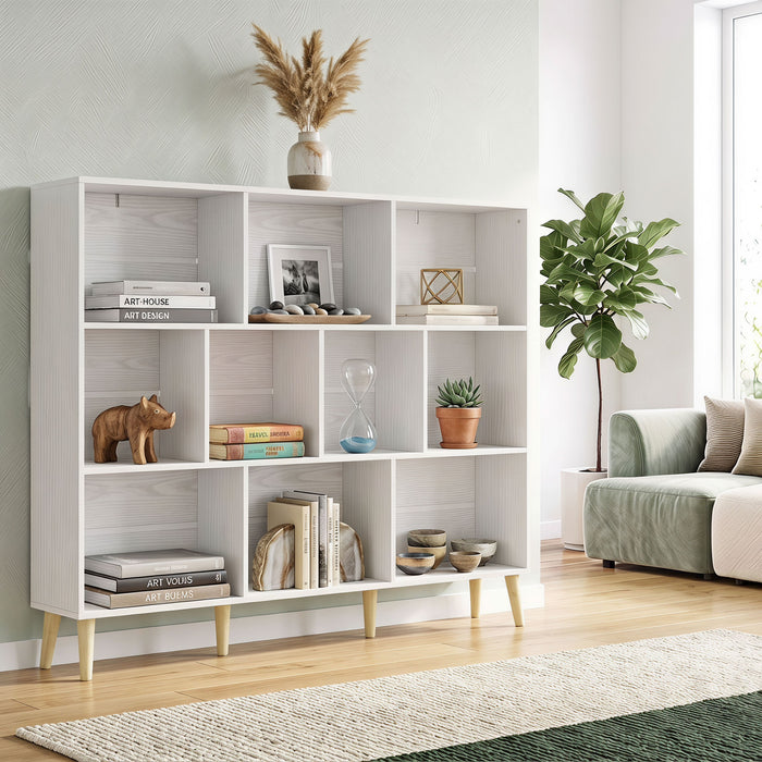HOMCOM 10-Cube Bookcase, 3-Tier Book Shelf with Solid Wood Legs, 140 cm Modern Bookshelf with Anti-Tip Kit for Bedroom, White