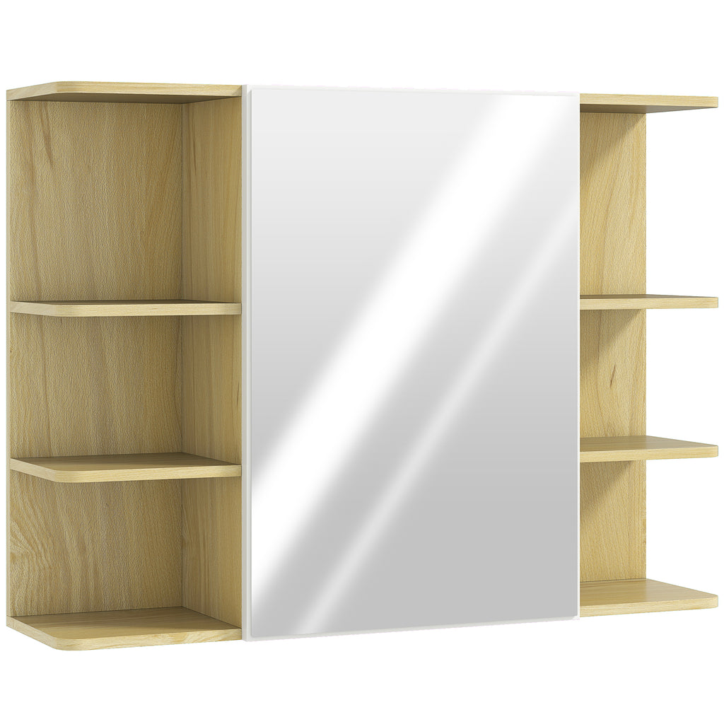 HOMCOM Bathroom Mirror Cabinet with Open Storage Shelves - Natural Wood Finish