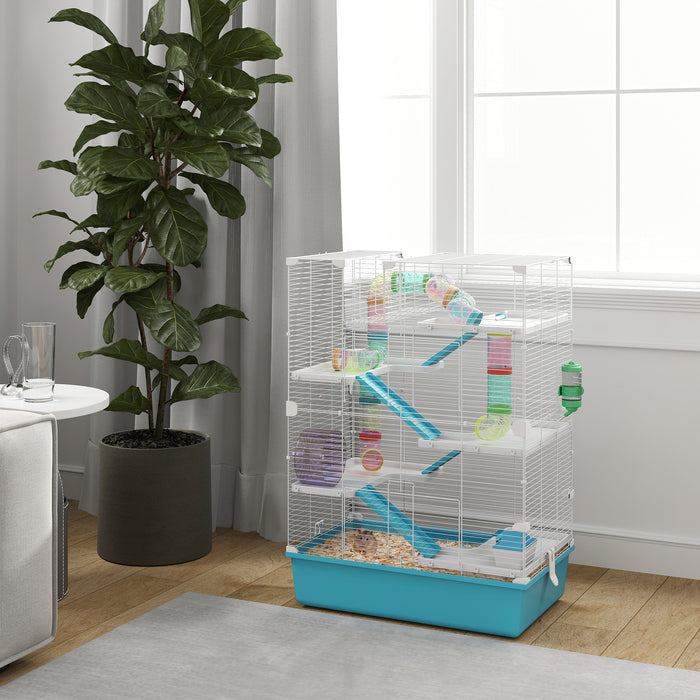 PawHut 6 Tier Hamster Cage, Small Animal Cage with Tubes, Exercise Wheel, Ramps, Hut, Food Dish, Water Bottle, Light Blue