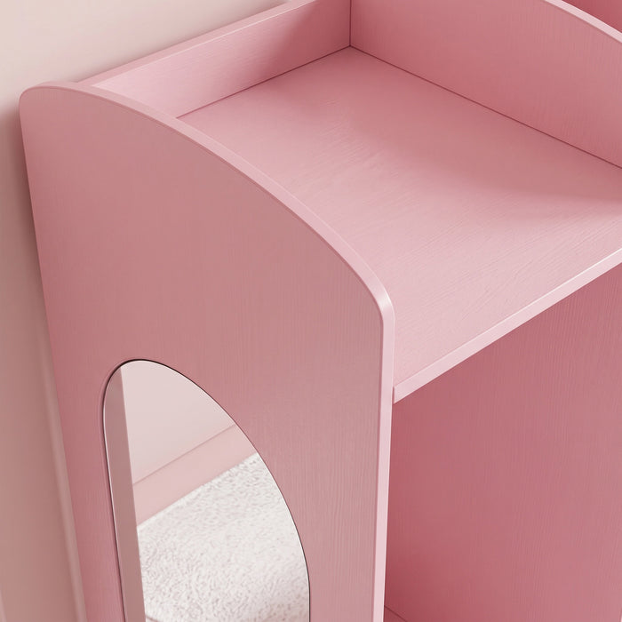 AIYAPLAY Kids Dressing Table, 3-in-1 Girls Vanity Set with Stool, 2-Colour Lights Mirror, Clothes Rack for Ages 3-8, Pink