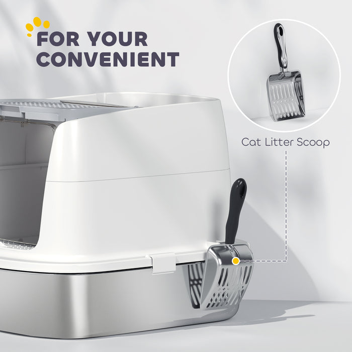 PawHut Large Stainless Steel Litter Box, Enclosed Metal Cat Litter Tray with Scoop, Deodoriser Bag, Front-Entry and Top-Exit