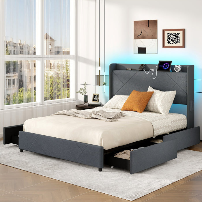 Double/King Size Bed Frame with LED Lights and Charging Station-King Size