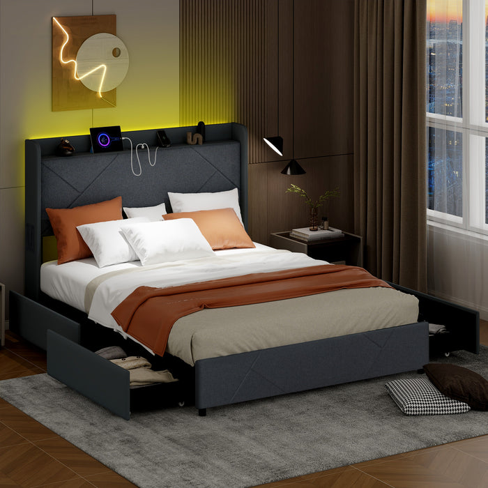Double/King Size Bed Frame with LED Lights and Charging Station-King Size