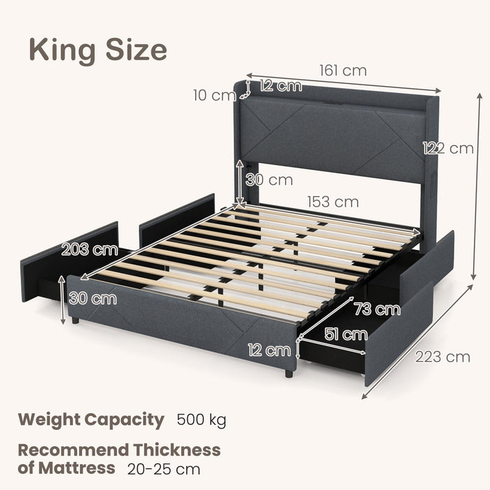 Double/King Size Bed Frame with LED Lights and Charging Station-King Size