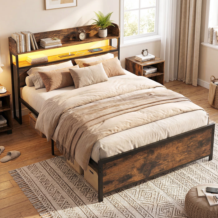 Bed Frame with LED Lights and Power Outlets-King Size