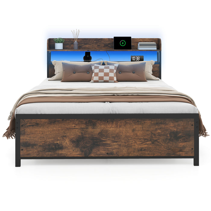 Bed Frame with LED Lights and Power Outlets-King Size