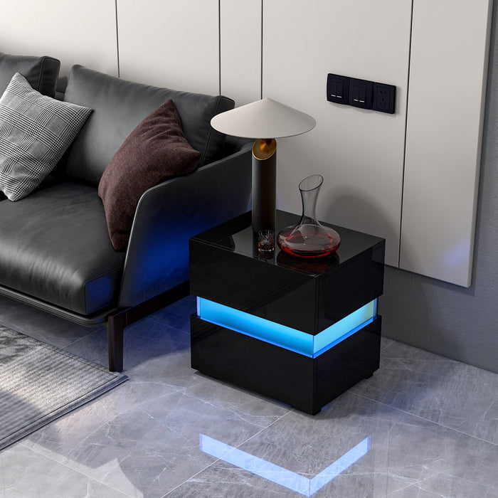 Bedside Table LED  Nightstand with 2 Drawers-Black