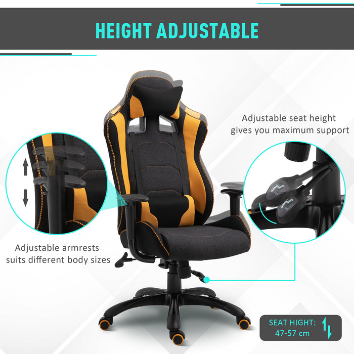 Ergonomic Racing-Style Gaming Chair with Yellow Accents - 360° Swivel, Adjustable Height, and Comfy Pillows - Perfect for Home Gaming and Office Use