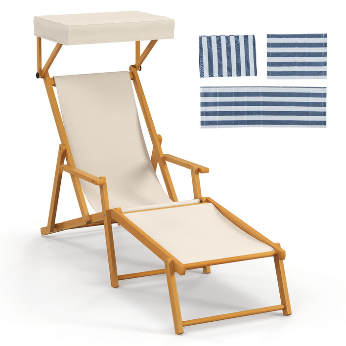 Birch Wood Chaise Lounge Chair with Adjustable Canopy Reclining Backrest and Footrest-Beige