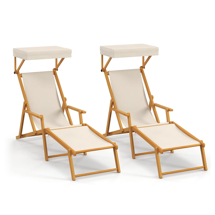 Birch Wood Chaise Lounge Chair with Adjustable Canopy Reclining Backrest and Footrest-Beige