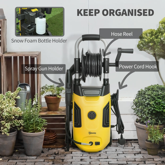 Outsunny 1800W High Pressure Washer, 150 Bar Pressure, 420 L/h Flow, Portable Power Washer Jet Wash Cleaner with Adjustable Nozzle, 6M Hose, Hose Reel, Steel Handle for Home Patio Car Driveway, Yellow