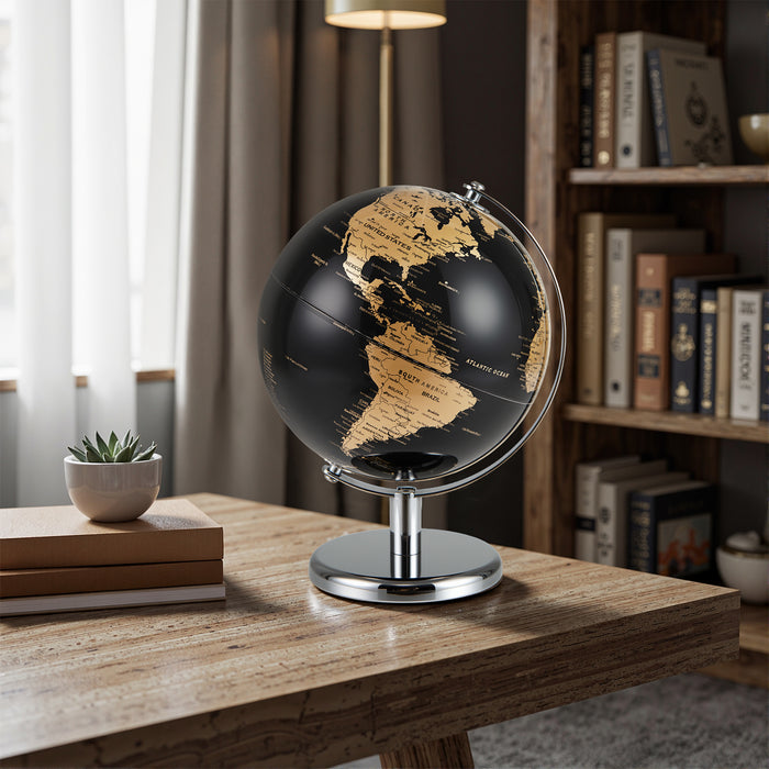 20CM Rotating Metallic Black World Globe with Metal Stand for Home School-