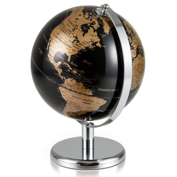 20CM Rotating Metallic Black World Globe with Metal Stand for Home School-
