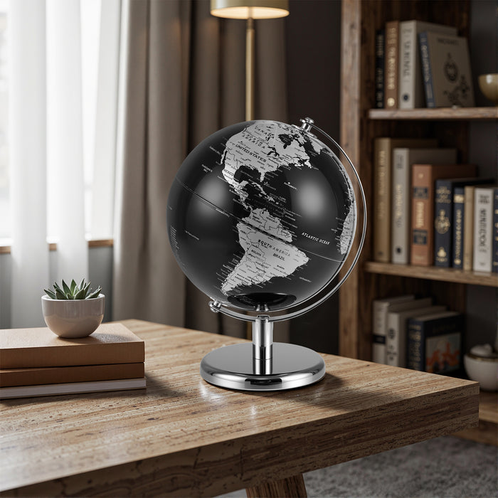 20CM Rotating Metallic Black World Globe with Metal Stand for Home School-