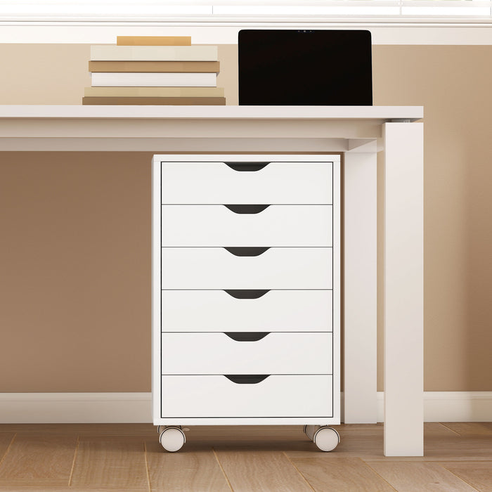 HOMCOM 6 Drawer Vertical File Cabinet, Mobile Filing Cabinet with Quiet Drawers and Wheels with 2 Brakes, White