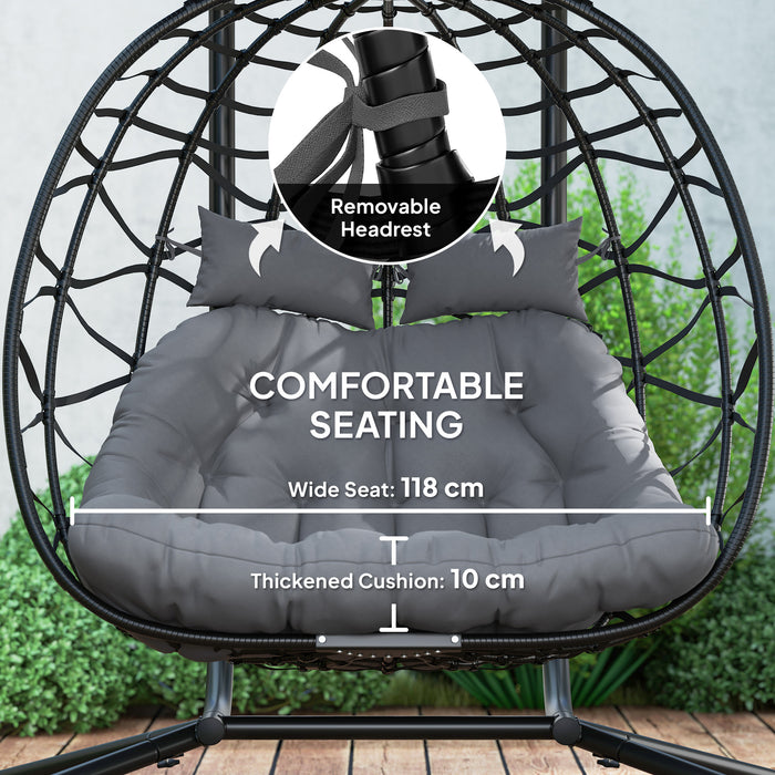 Outsunny Rattan Double Hanging Egg Chair with Canopy, Foldable Wicker Swing Egg Chair with Cushion, Head Pillows, Stand, Steel Frame, Hammock Chair for Indoor Outdoor, Capacity 260 kg, Black