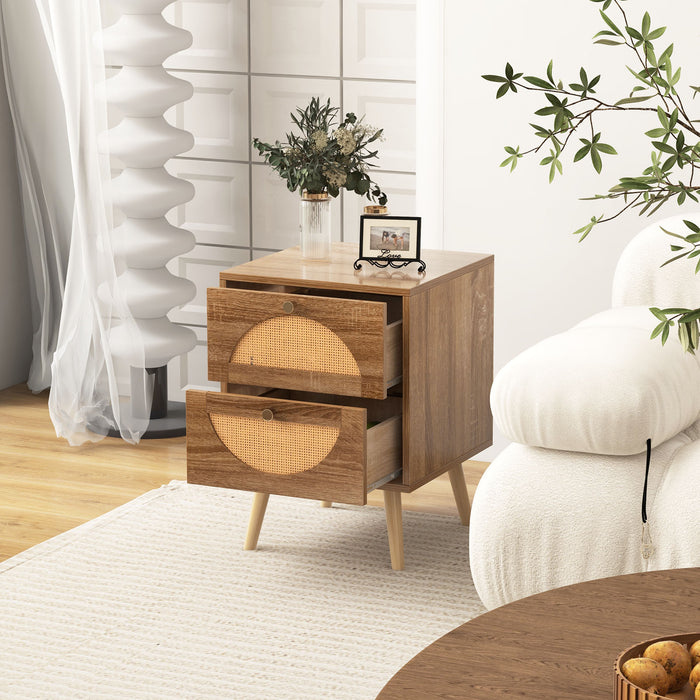 Bohemian Style Rattan Nightstand End Side Table with 2 Drawers-
